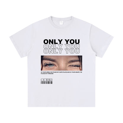 White custom eyes t-shirt with graphic design and text on a white background