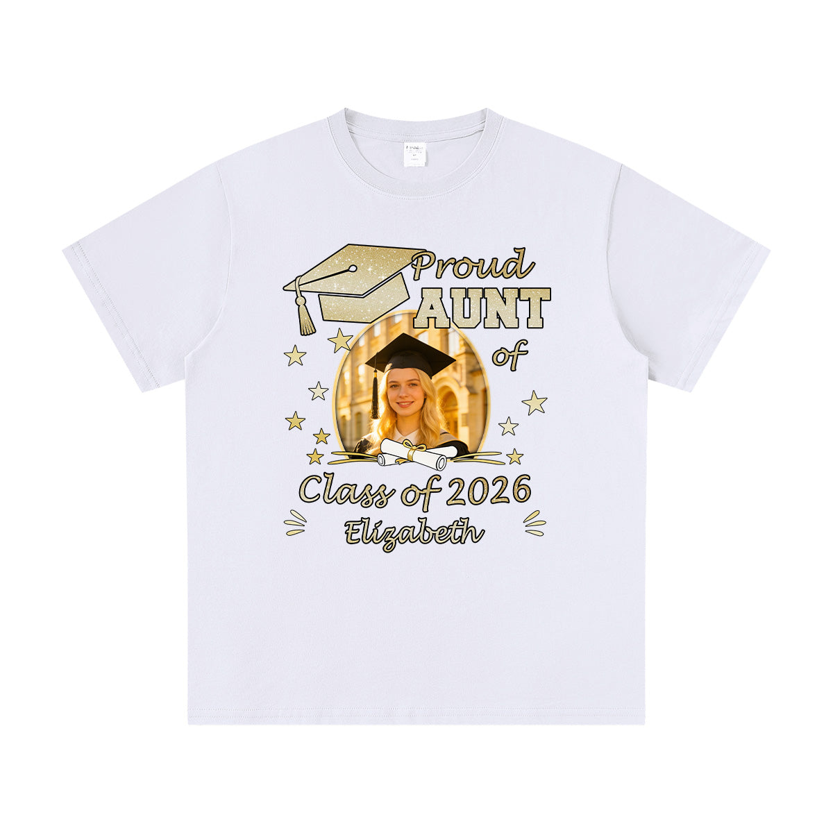 White custom photo graduation t-shirt with graduation-themed design and text on a white background