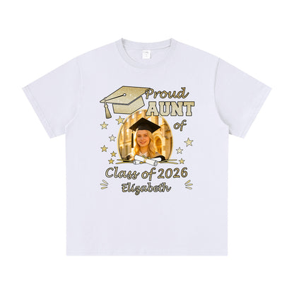White custom photo graduation t-shirt with graduation-themed design and text on a white background