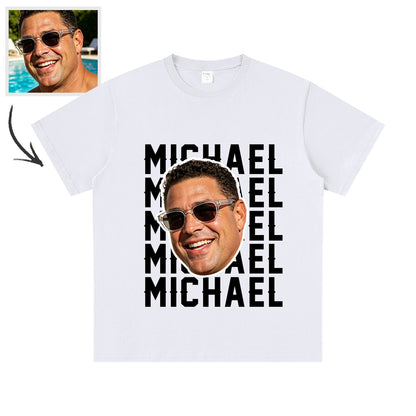 White face t-shirt with a printed face and 'MICHAEL' text, with a photo of a smiling man wearing sunglasses on the left.