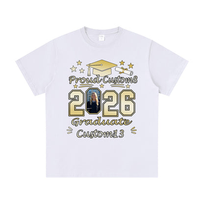 White graduation t-shirt with graduation-themed design and text on a white background