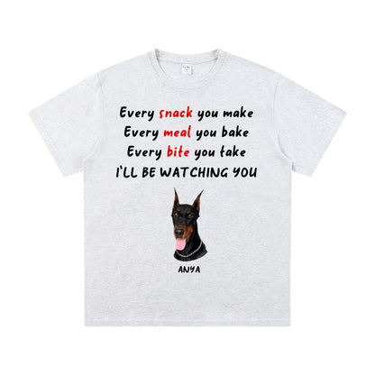 White t-shirt with 1 dog graphic and text on a white background