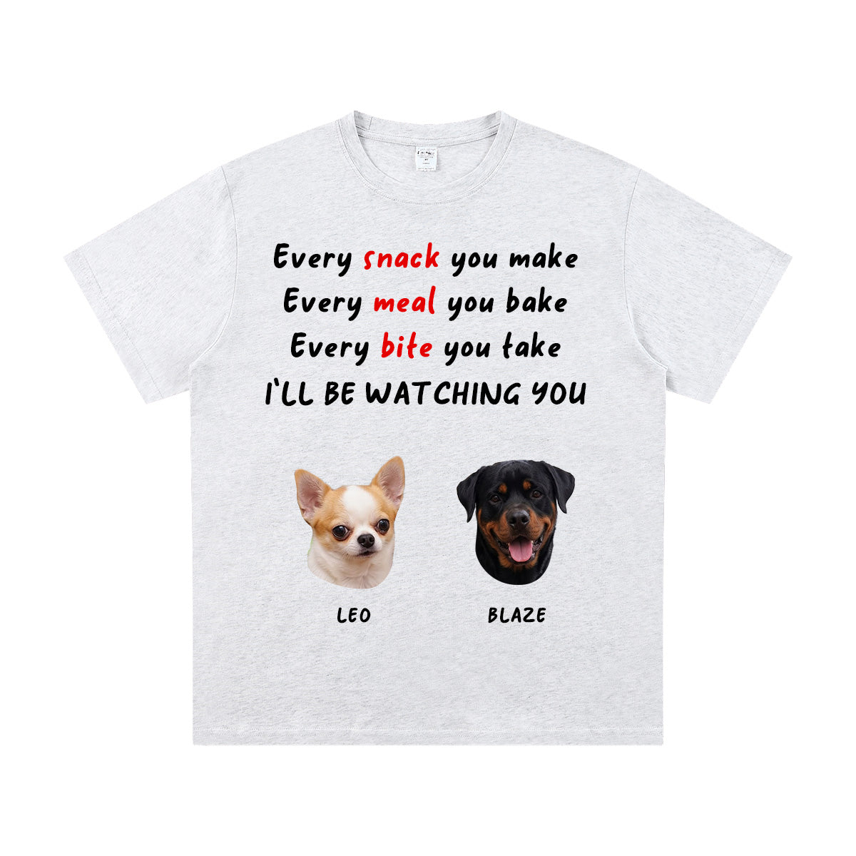 White t-shirt with 2 dog-themed text and images on a white background