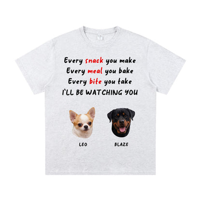 White t-shirt with 2 dog-themed text and images on a white background
