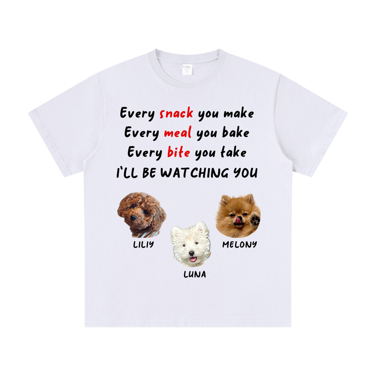 White t-shirt with 3 dogs illustrations and text on a white background