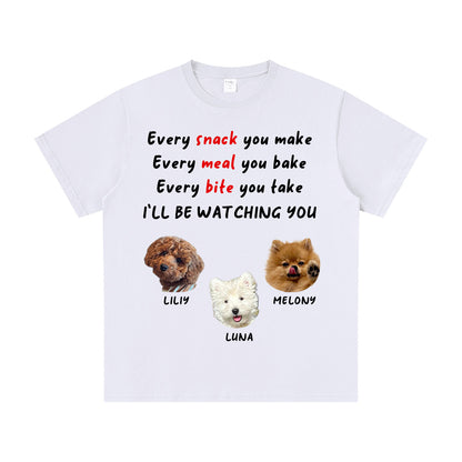 White t-shirt with 3 dogs illustrations and text on a white background