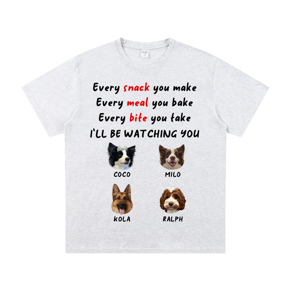 White t-shirt with 4 dogs illustrations and text on a white background