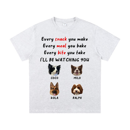 White t-shirt with 4 dogs illustrations and text on a white background