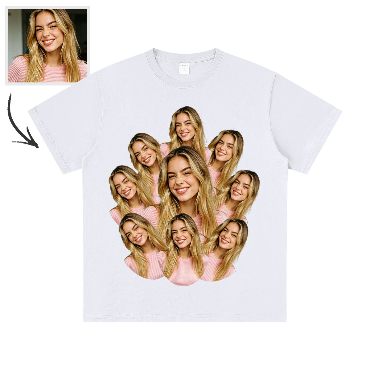 White t-shirt with a collage of a woman's face printed on it, with an inset photo of the woman.