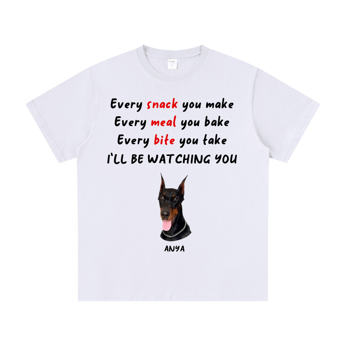 White t-shirt with a dog graphic and text on a white background