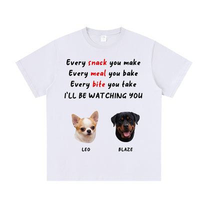 White t-shirt with dog-themed text and images on a white background