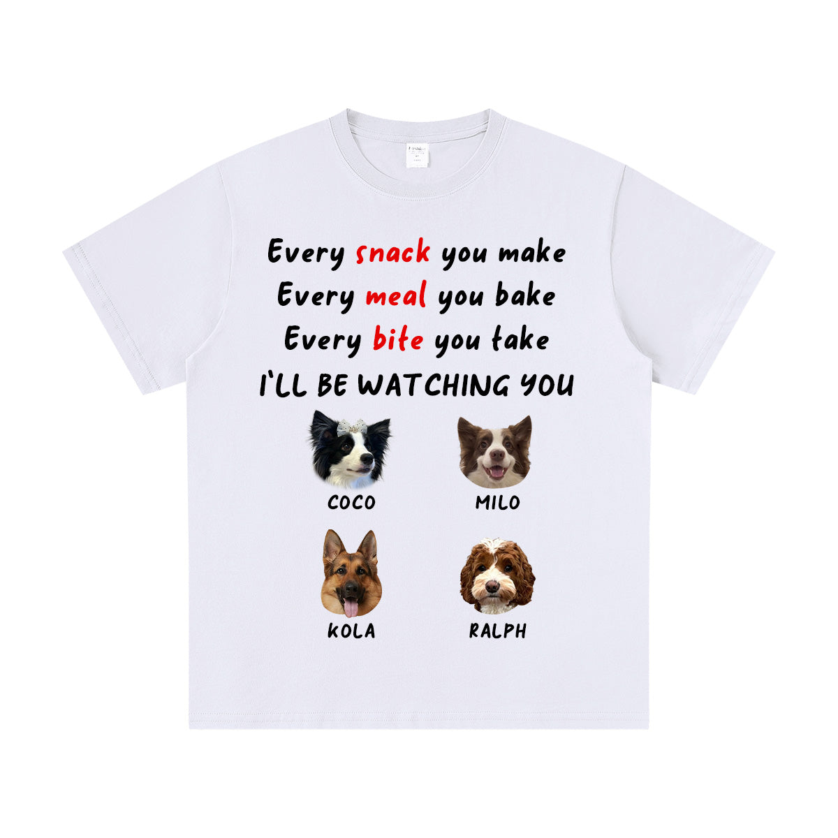 White t-shirt with dog illustrations and text on a white background
