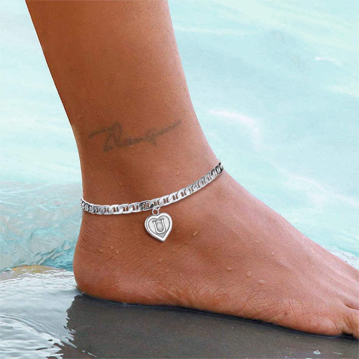 Woman Wearing Mariner Chain Heart Initial Anklet
