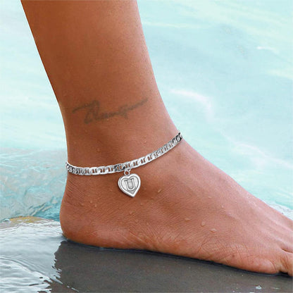Woman Wearing Mariner Chain Heart Initial Anklet