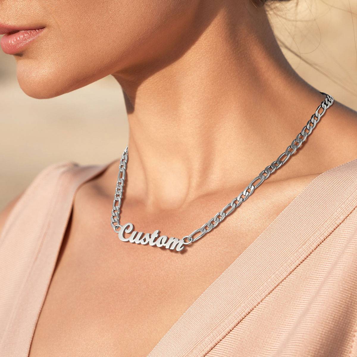 Woman Wearing Personalized Name Figaro Chain Necklace