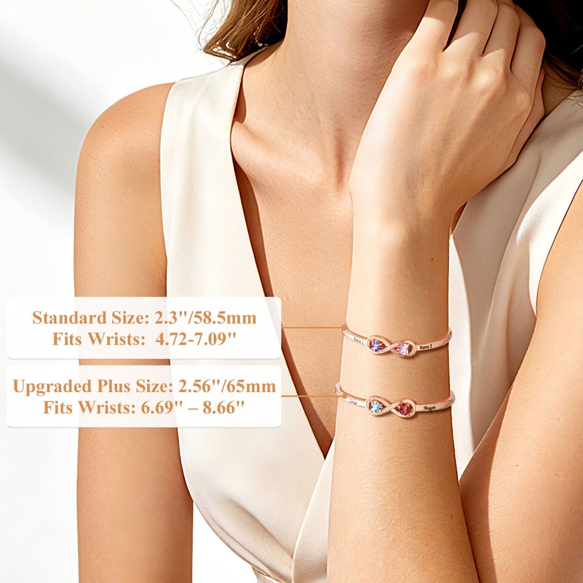 Woman wearing a infinity birthstone bracelet with size information displayed on a white background