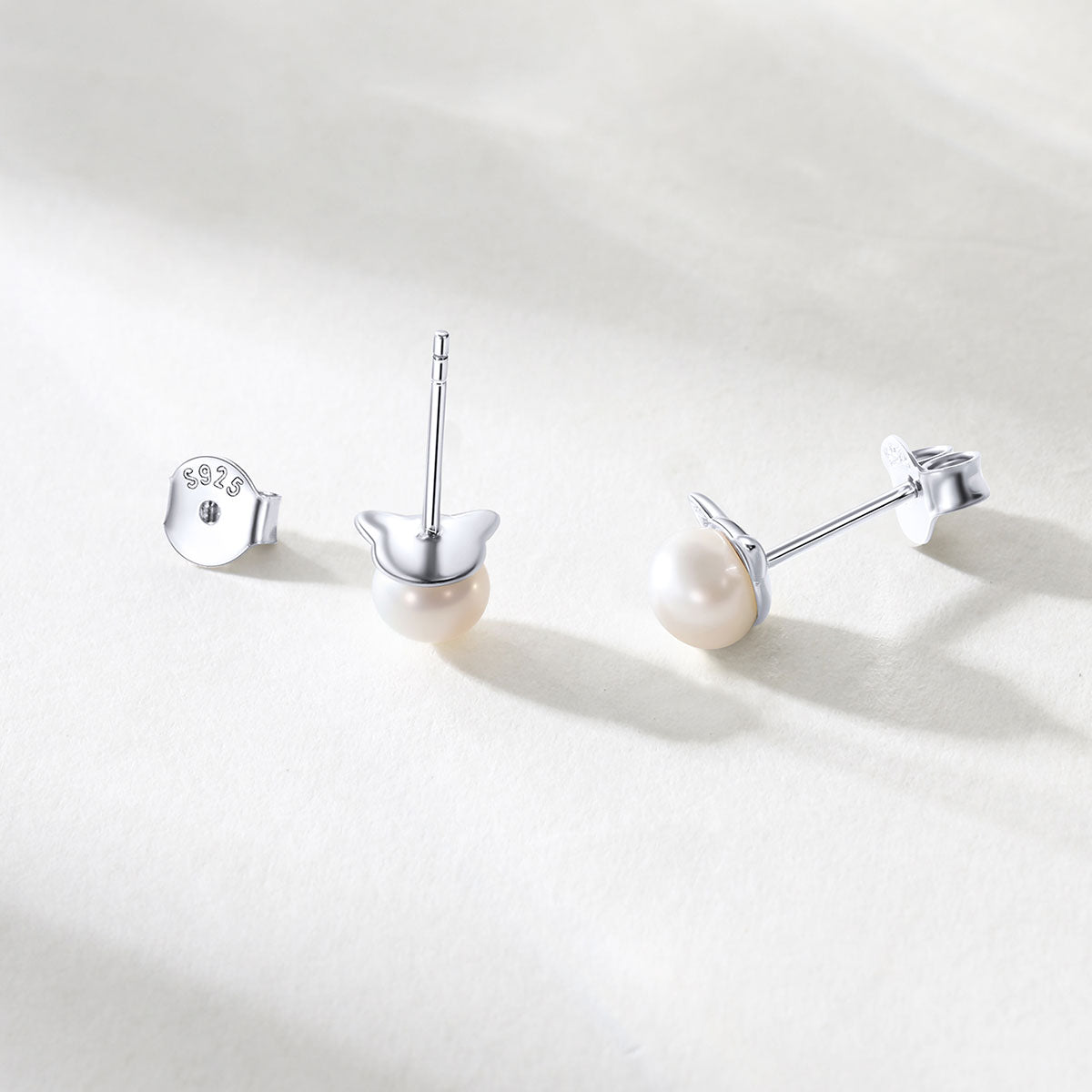 Women's 925 Sterling Silver Cat Pearl  Stud Earrings 