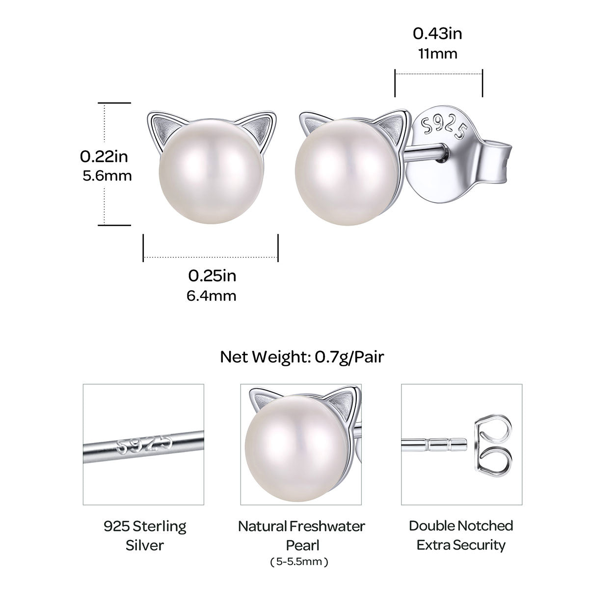 Women's 925 Sterling Silver Cat Pearl  Stud Earrings Diameter