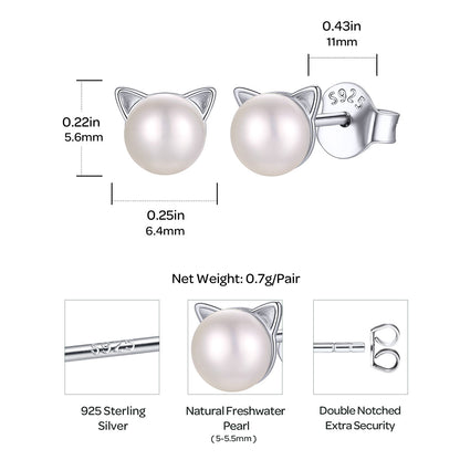 Women's 925 Sterling Silver Cat Pearl  Stud Earrings Diameter