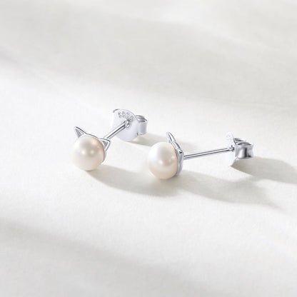 Women's 925 Sterling Silver Cat Pearl  Stud Earrings on a light grey background
