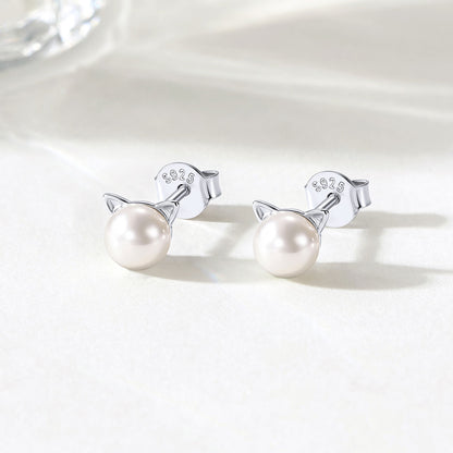 Womens 925 Silver Cat Pearl  Stud Earrings 