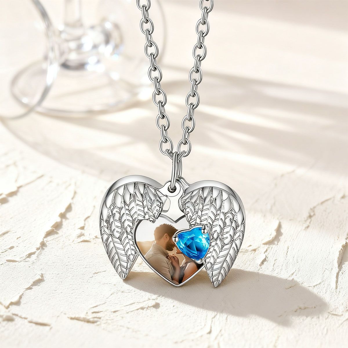 Womens Angel Wing Heart Photo Locket Necklace