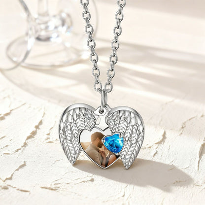 Womens Angel Wing Heart Photo Locket Necklace