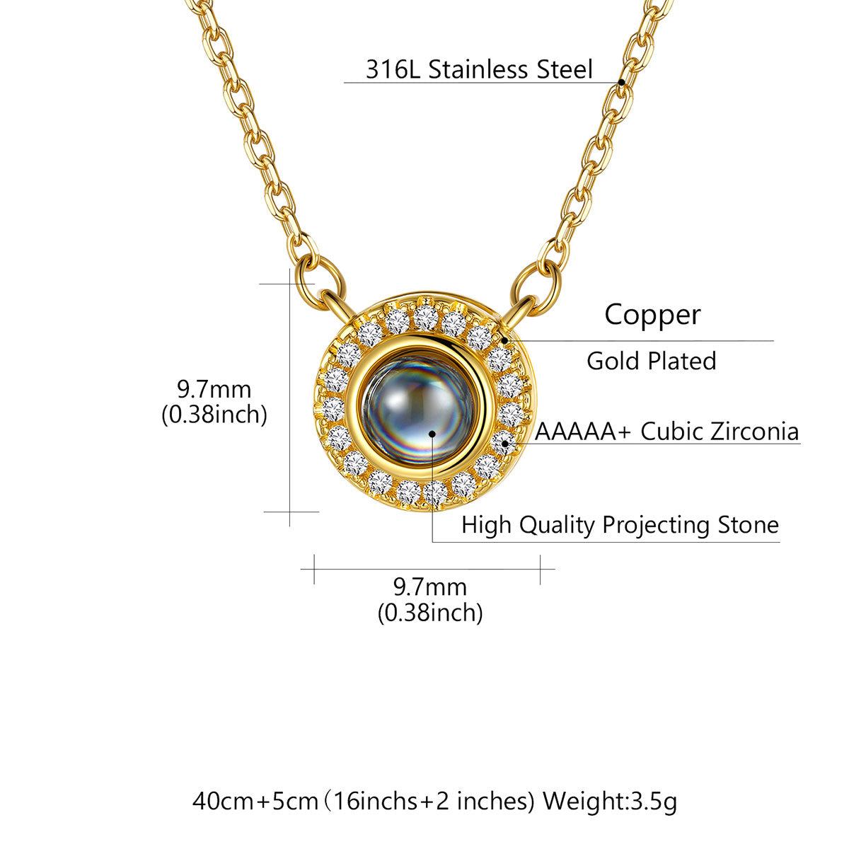 Womens CZ Halo Photo Projection Necklace 