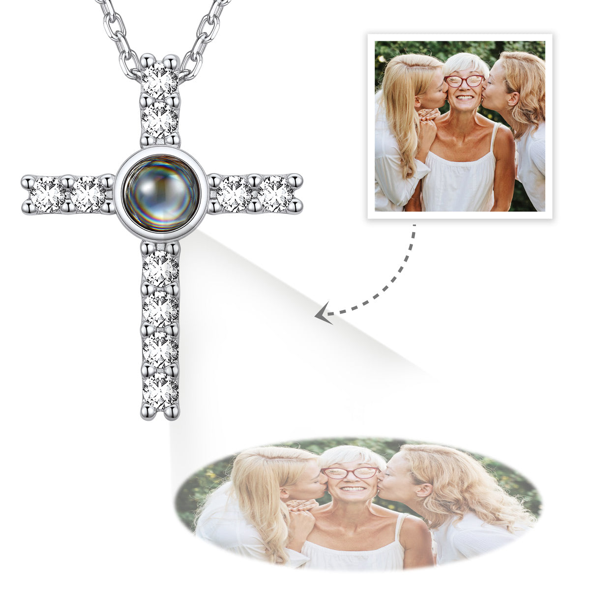 Womens Custom Picture Projection CZ Cross Necklace