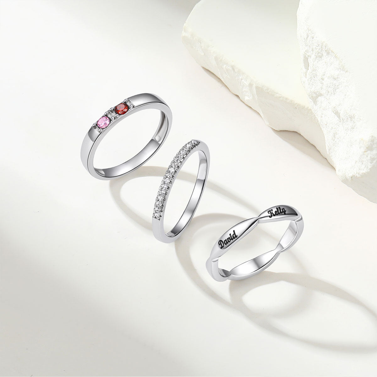 Womens Engraved Stackable Ring With Birthstone for Women