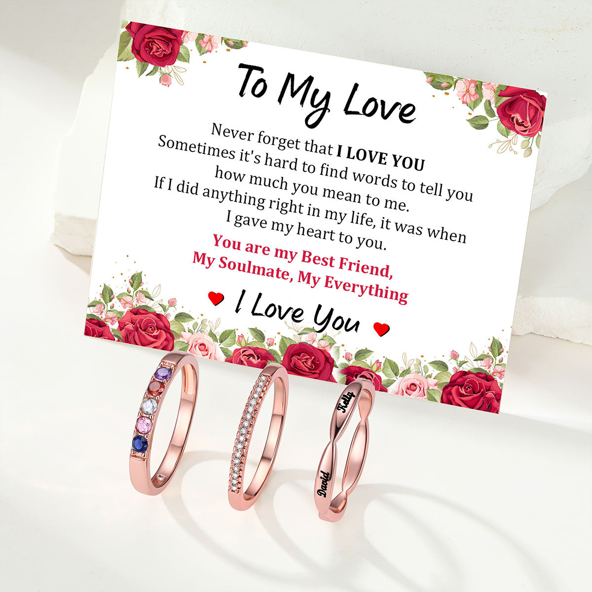 Womens Engraved Stackable Ring With Birthstone with Greeting Card