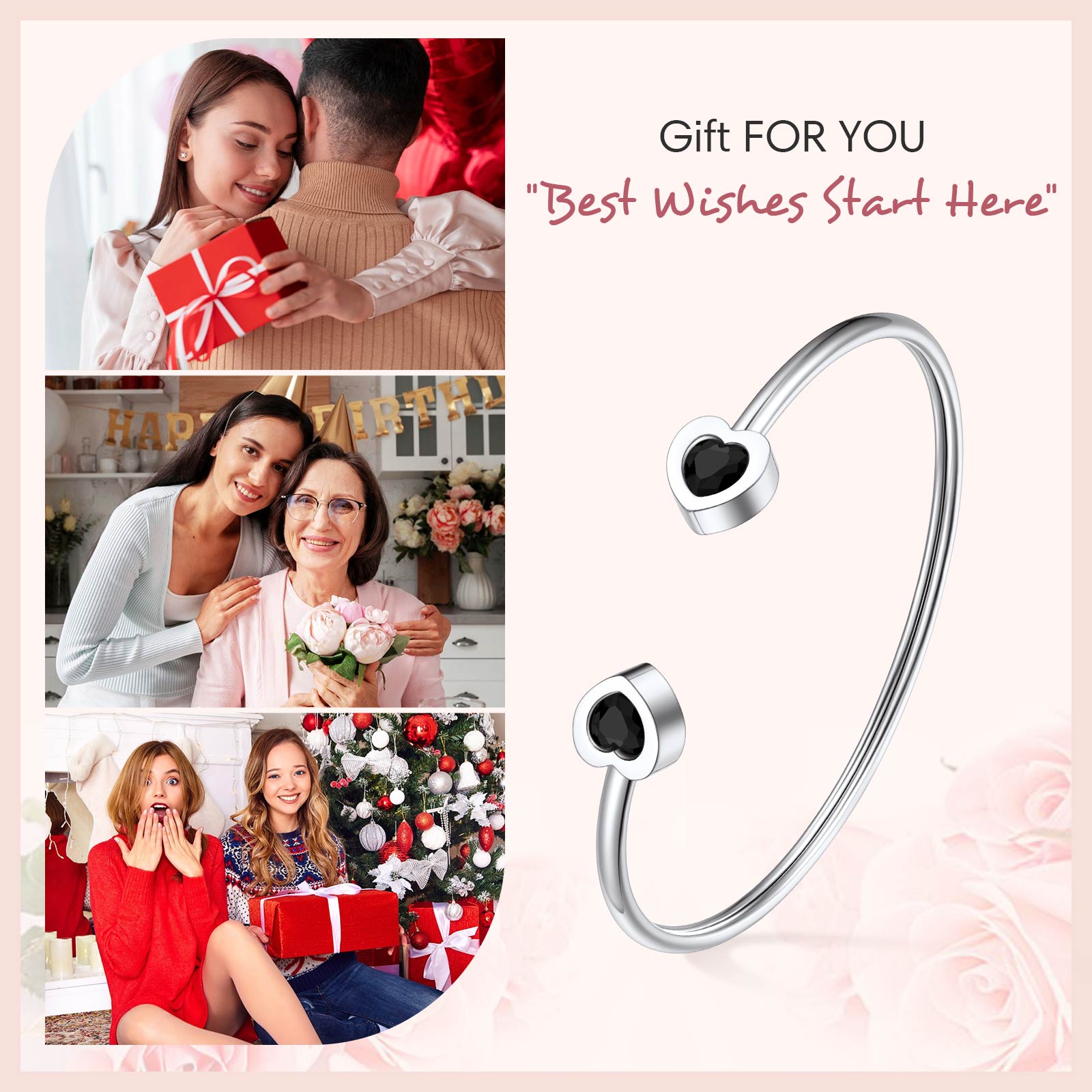 black heart crystal cuff bracelet for women