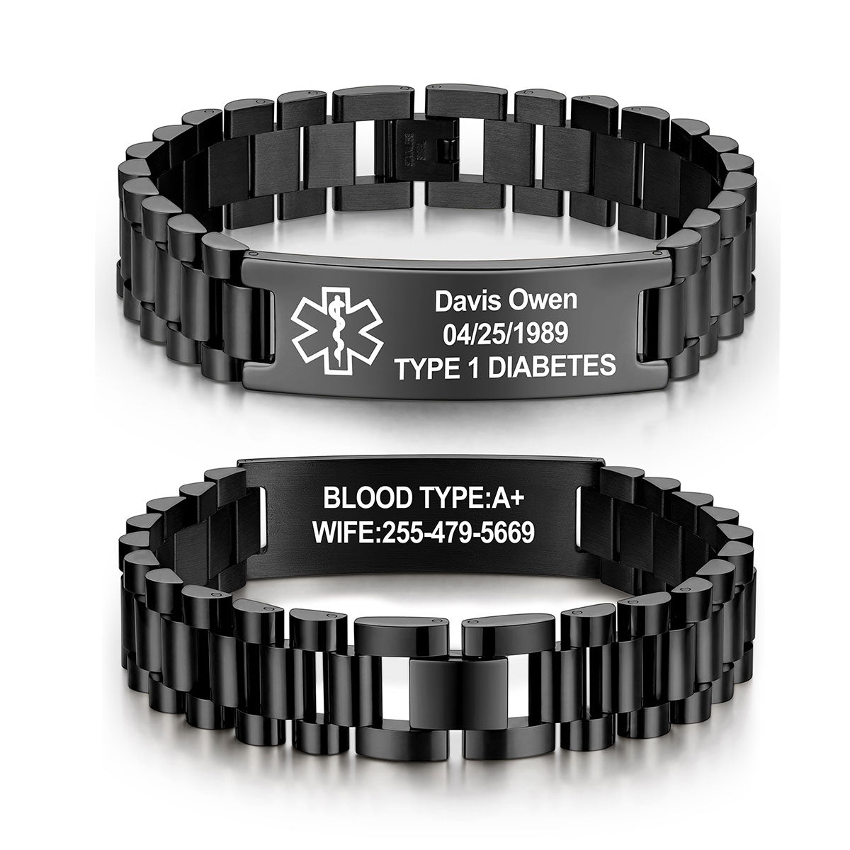 black metal link medical alert bracelets shown on a white background, one displaying engraved personal details with a white medical emergency symbol and the other showing engraved blood type and contact information.