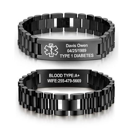 black metal link medical alert bracelets shown on a white background, one displaying engraved personal details with a white medical emergency symbol and the other showing engraved blood type and contact information.