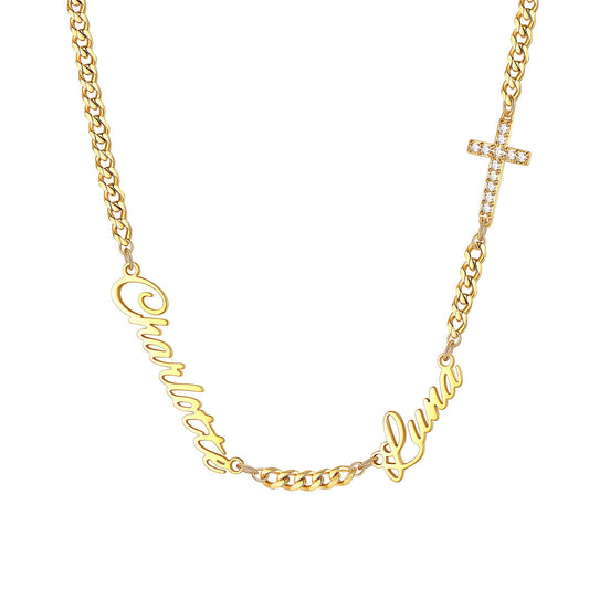 Custom Name Cuban Figaro Chain Necklace with CZ Heart Cross Bow for Women