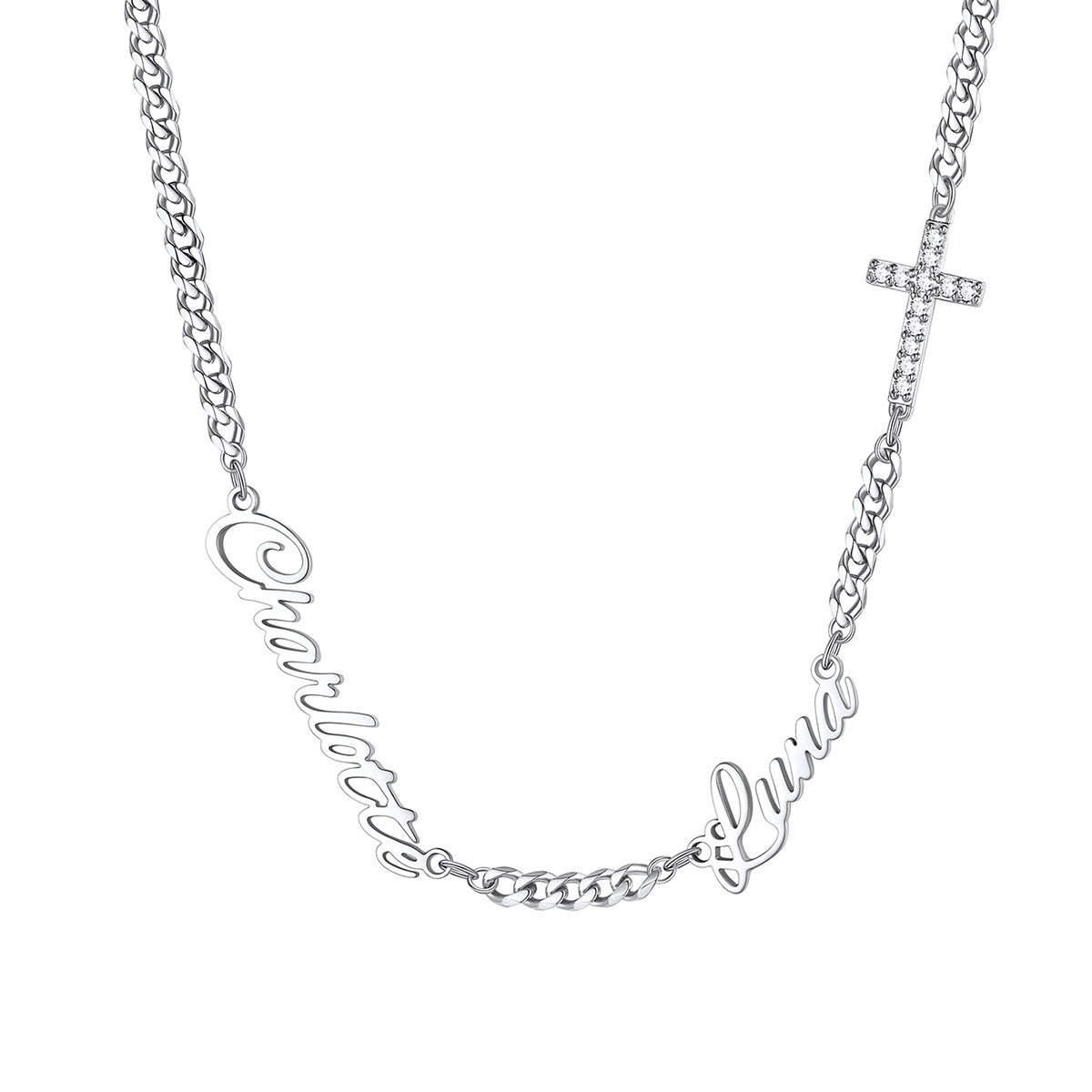 Custom Name Cuban Figaro Chain Necklace with CZ Heart Cross Bow for Women