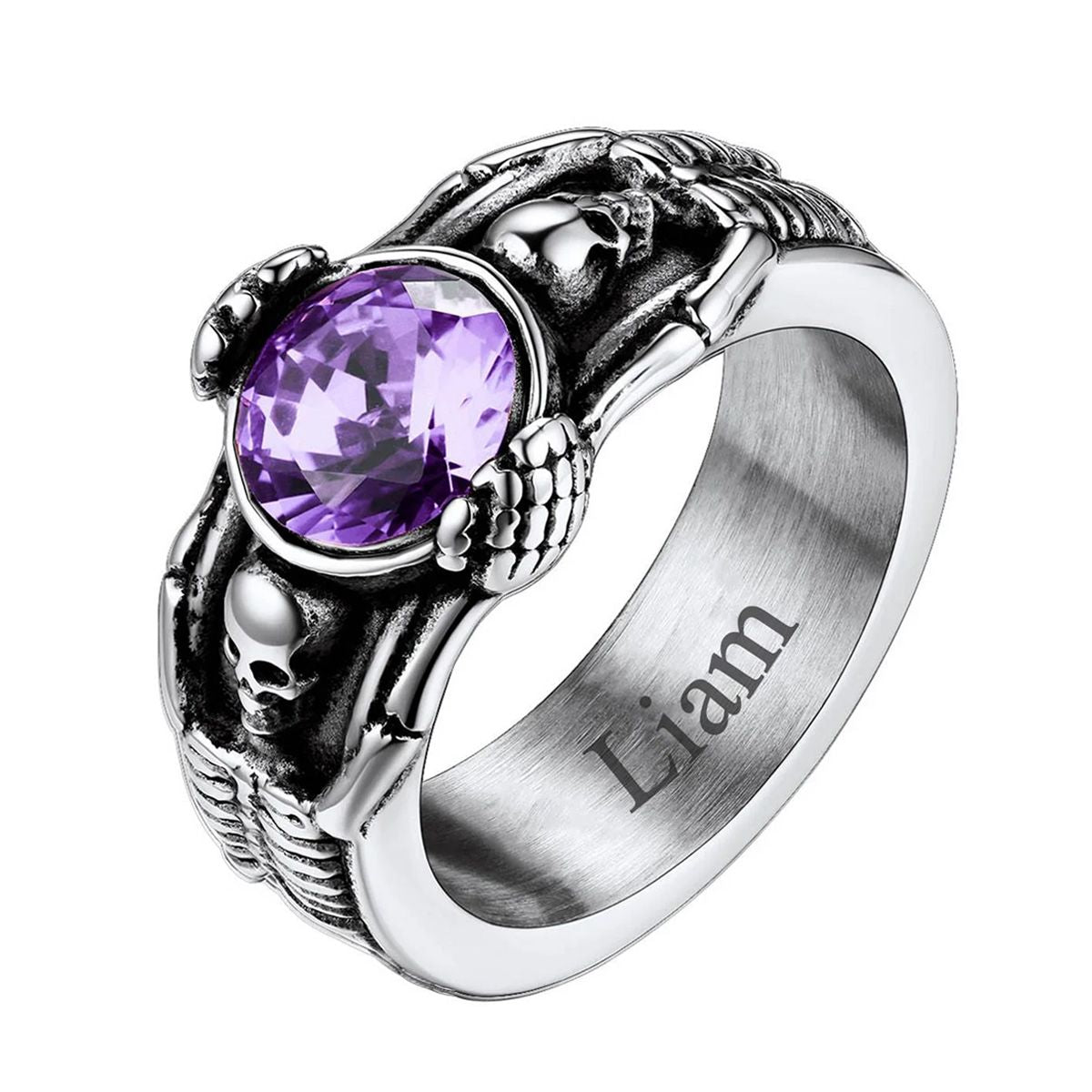 Personalized Engraving Skull Birthstone Band Ring