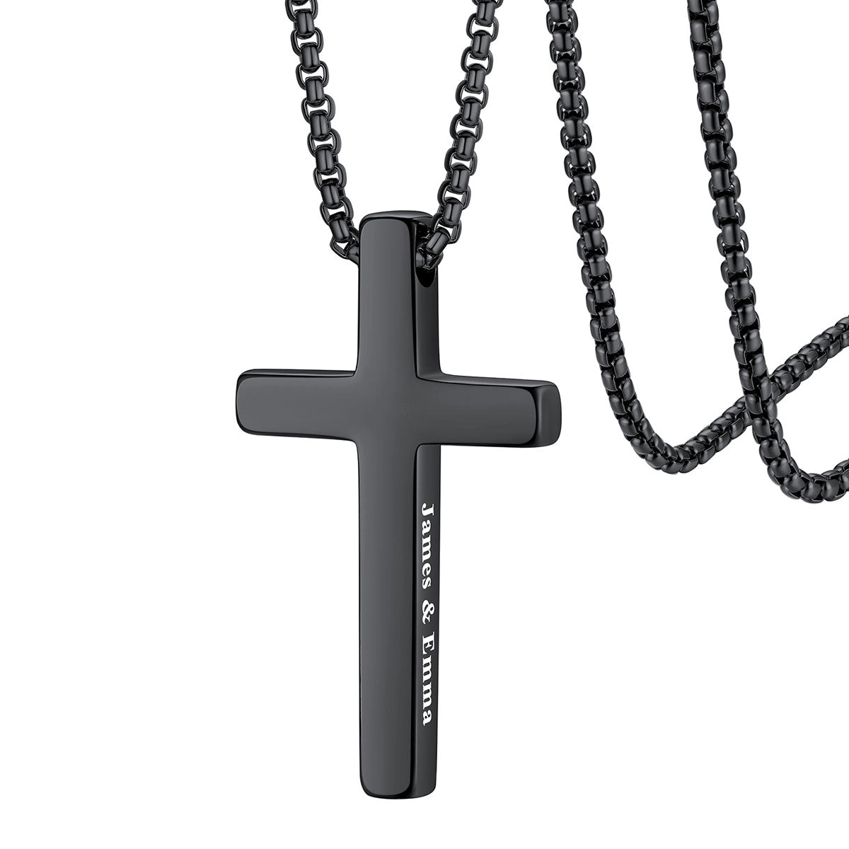 custom engraved Black cross pendant necklace with engraved text on a white background