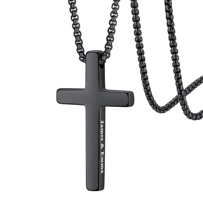custom engraved Black cross pendant necklace with engraved text on a white background