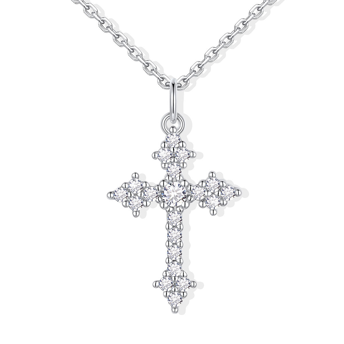 Silver cross pendant necklace on a white background