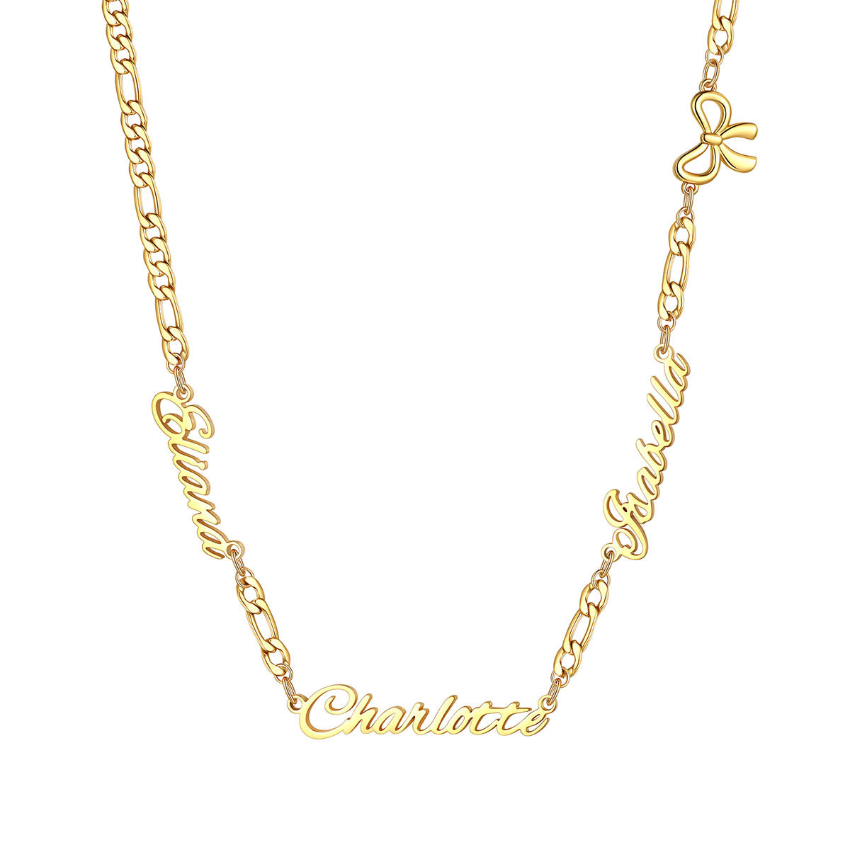 Personalized Name Cuban Figaro Chain Necklace with Heart Cross Bow