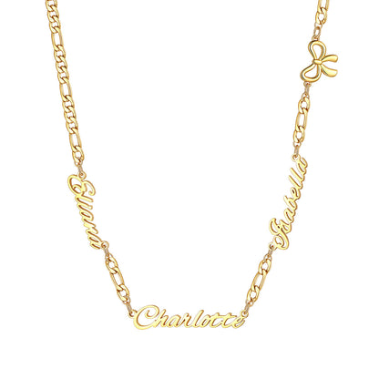 Personalized Name Cuban Figaro Chain Necklace with Heart Cross Bow