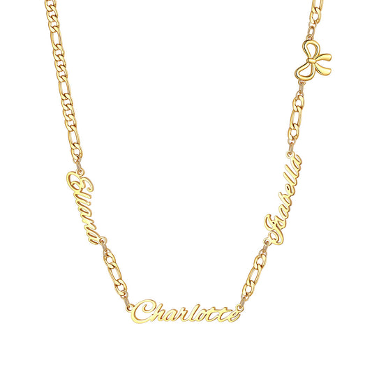 Personalized Name Cuban Figaro Chain Necklace with Heart Cross Bow