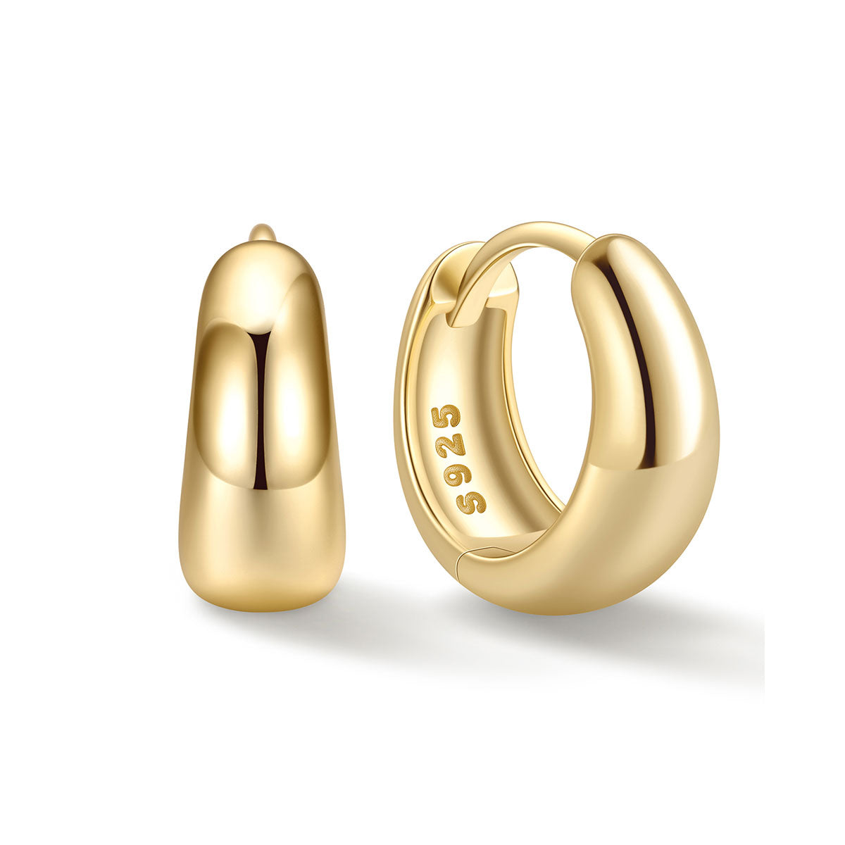 8mm gold huggie earrings on a white background