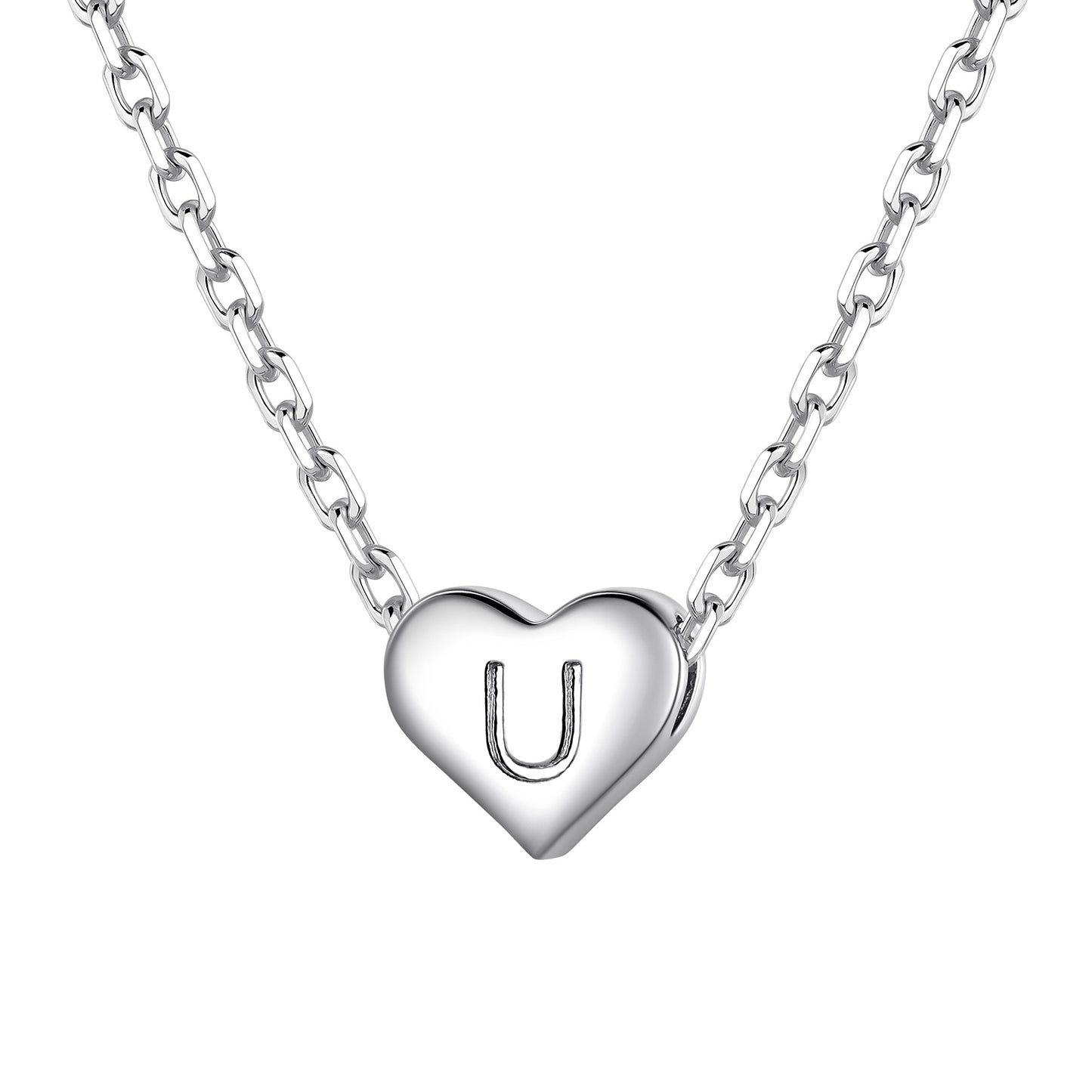 Silver heart initial necklace with an initial 'u' on a white background