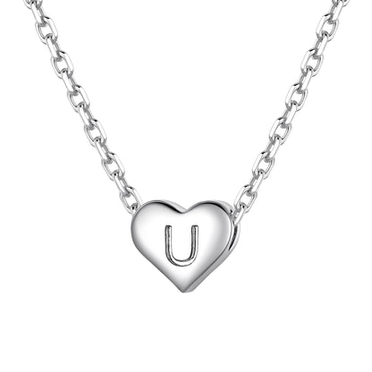 Silver heart initial necklace with an initial 'u' on a white background