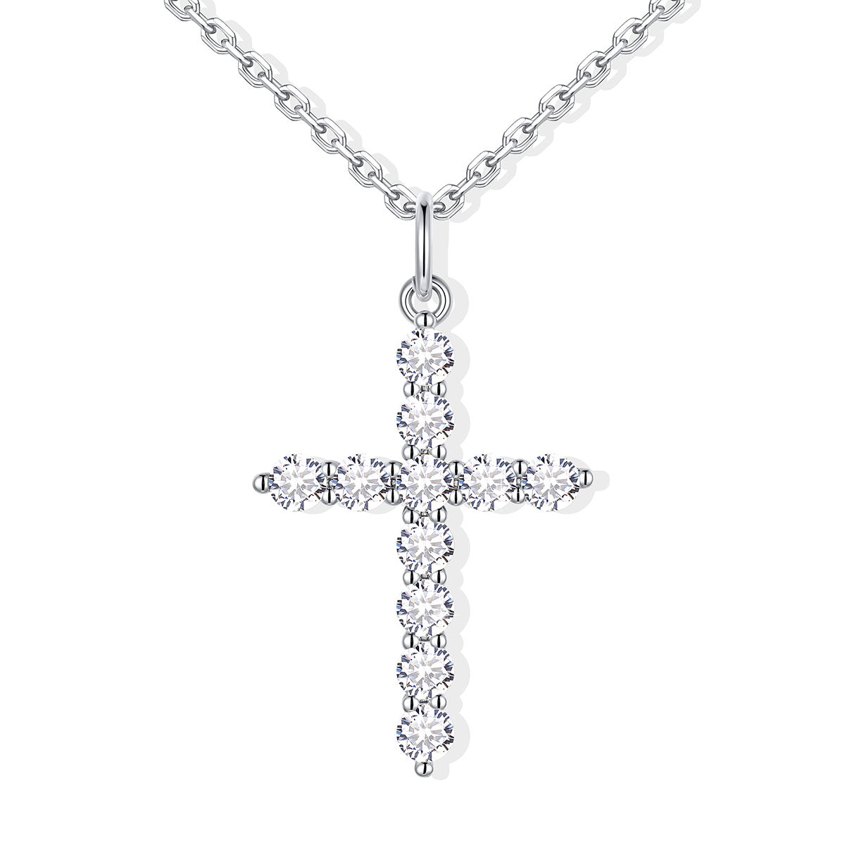 Silver cz cross pendant necklace with clear stones on a white background large