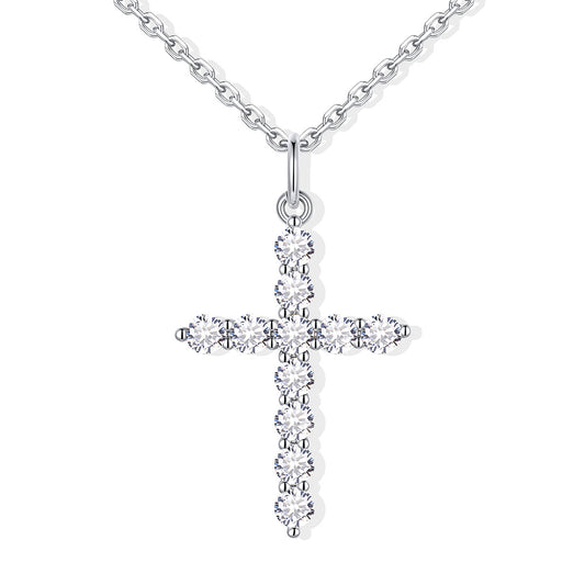 Silver cz cross pendant necklace with clear stones on a white background large