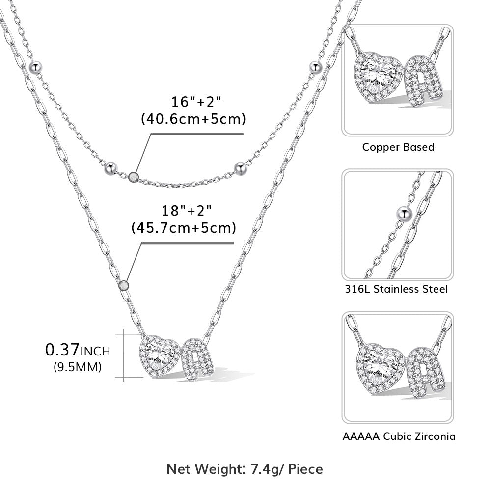 layered initial necklace with measurements and material details on a white background