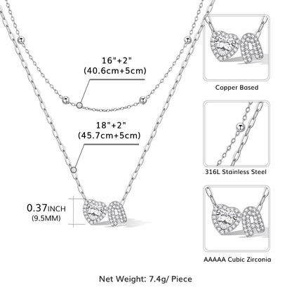 layered initial necklace with measurements and material details on a white background